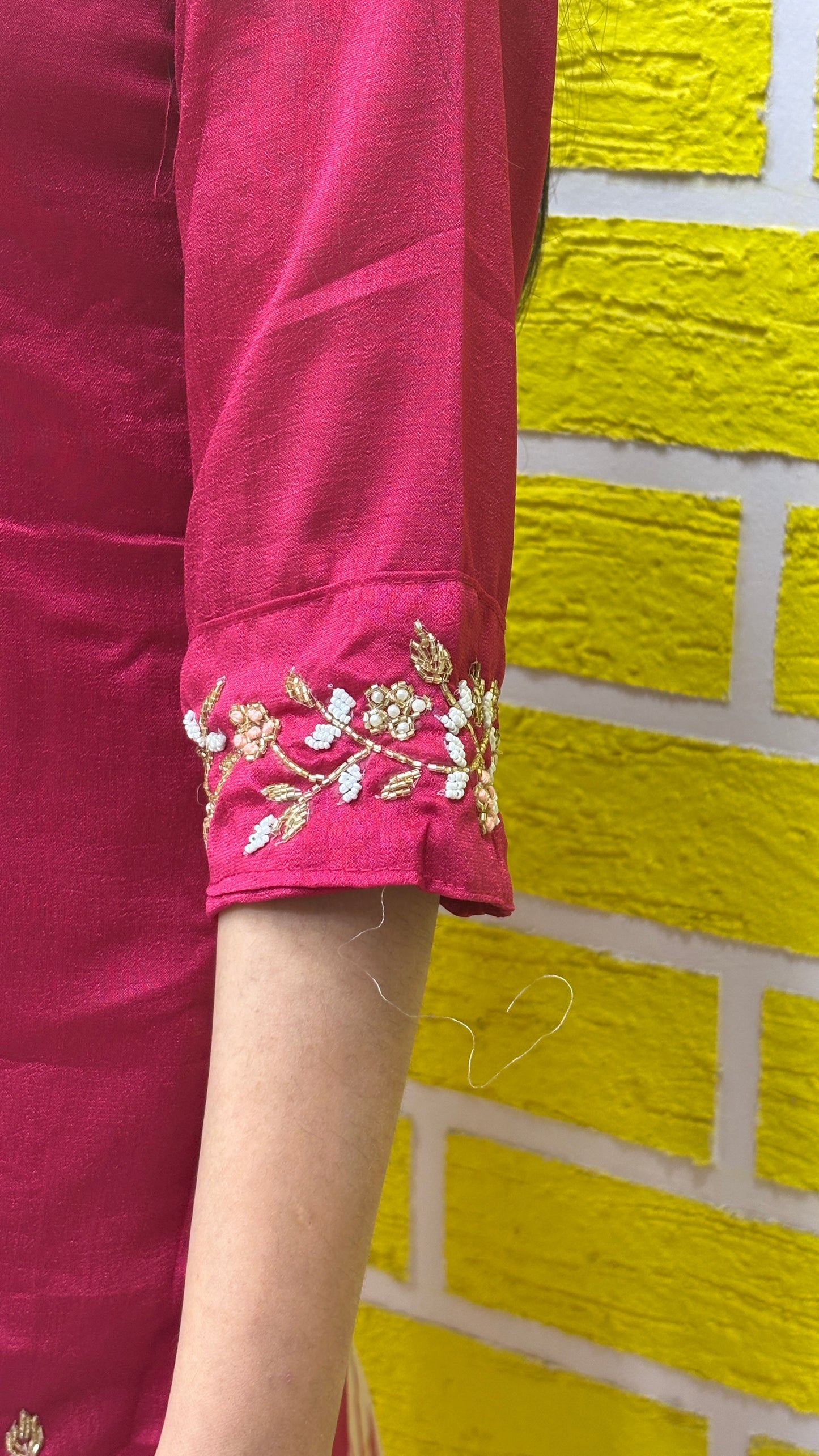 Pink Roman Silk Kurti Set with handwork and Brush Paint design on Duppatta AAKS0UZJ15