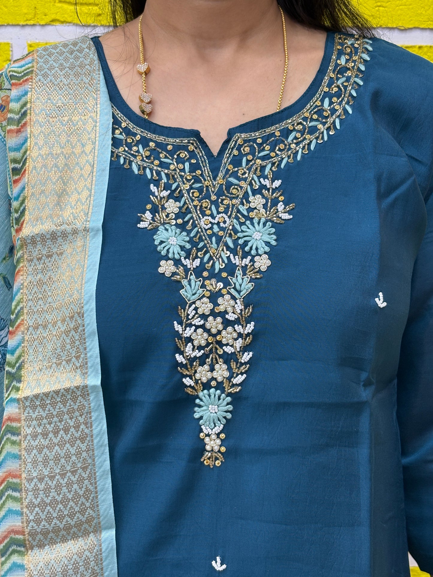 Deep Blue Roman Silk with handwork design Kurti Set AAKS0UZJ5