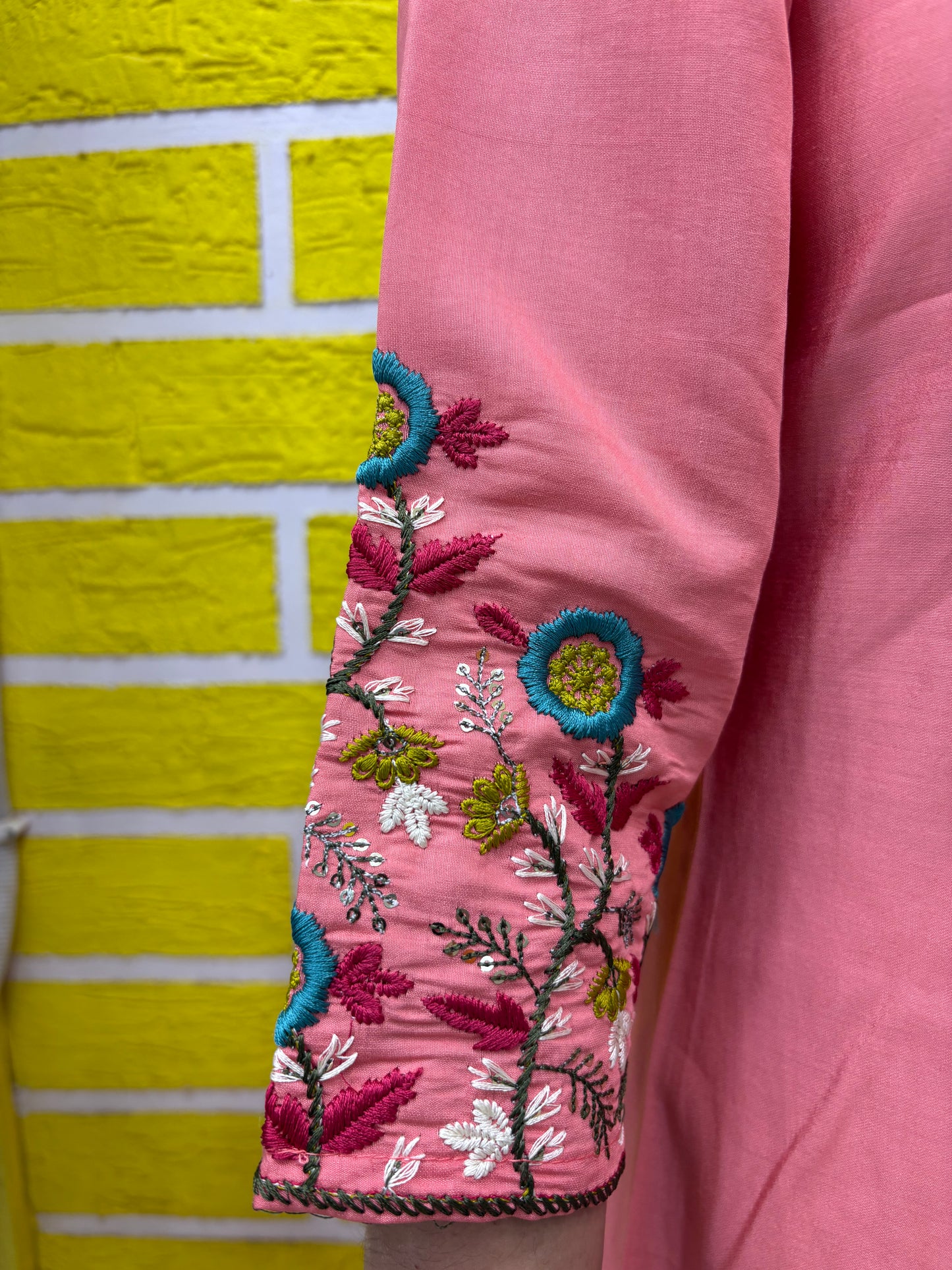 Co-ord Set-AACS0V25683 Peach Roman Silk Co-ord Set with Premium Embroidery on V-Neck and Hands - 3/4 Sleeves