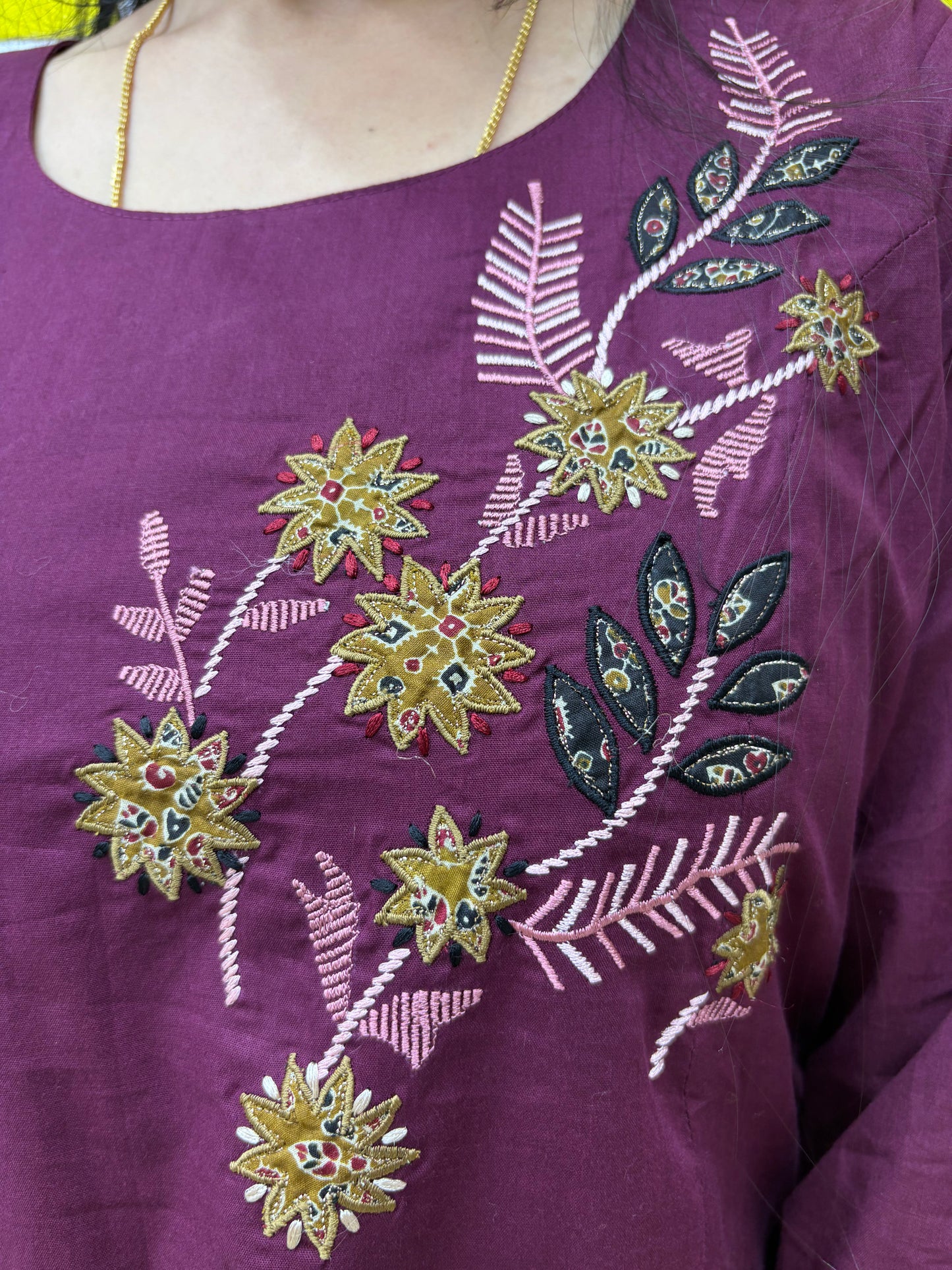 Co-ord Set-AACS0V50019 Natural Cotton with Embroidery Work Wine color