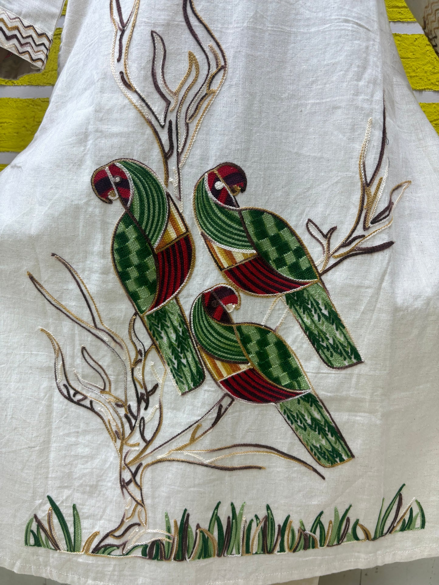 Co-ord Set-AACS0V23612 Cotton Flex with Embroidery Work White Parrot Design