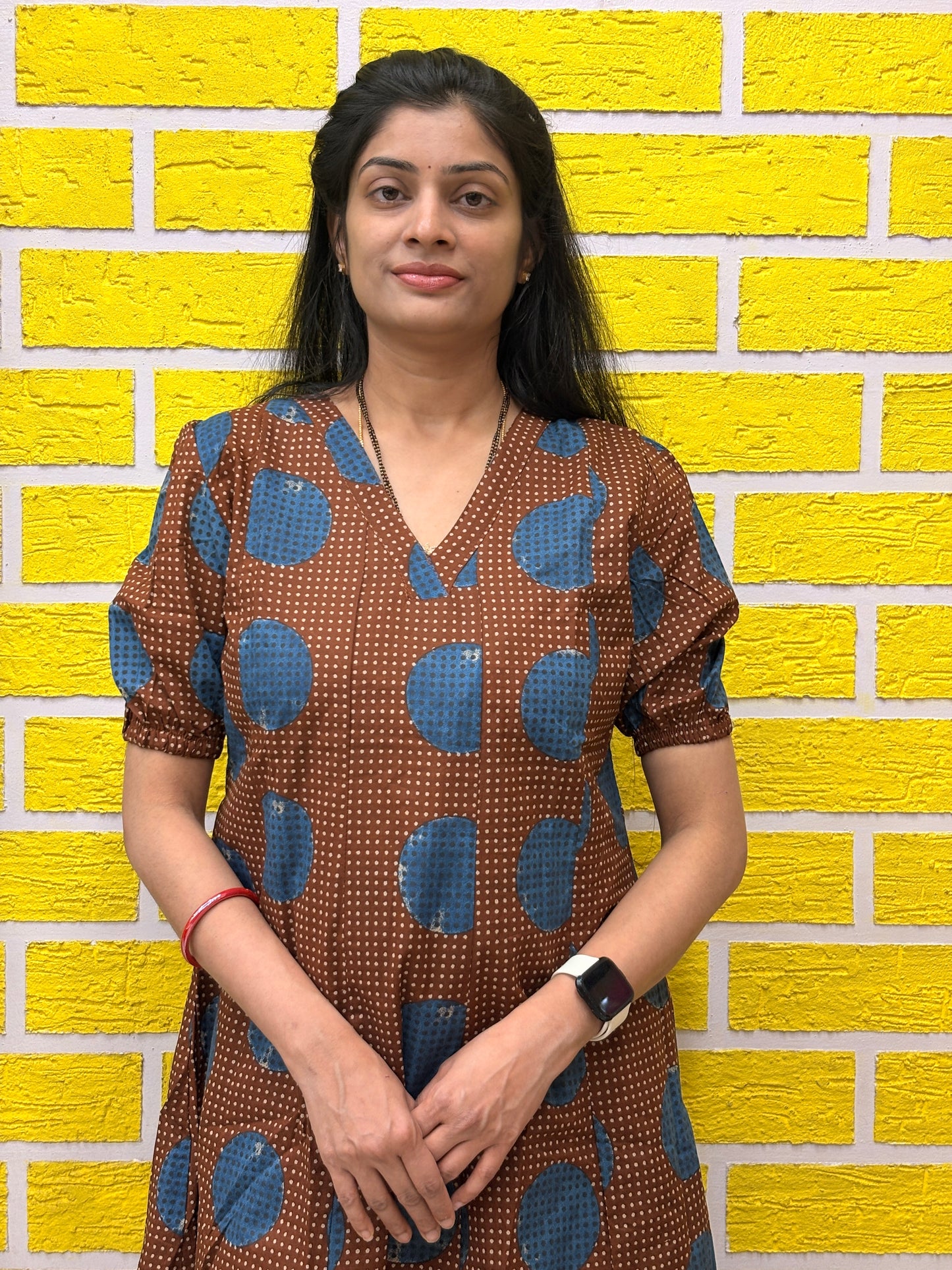 Brown Cotton Printed Kurti Set with Blue Motif Design AACS50779