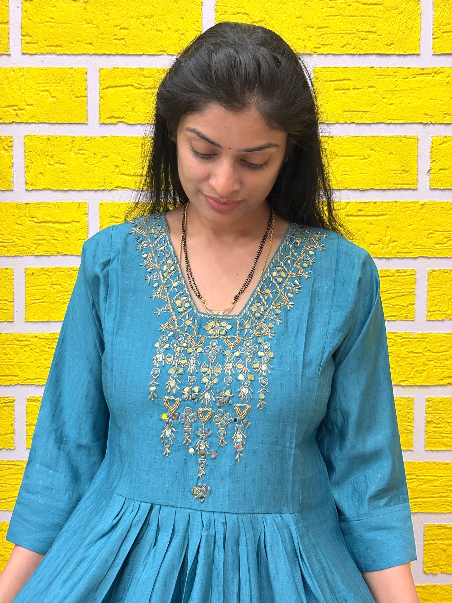 Teal Embroidered Mul Chanderi Frock AALF0VH1
