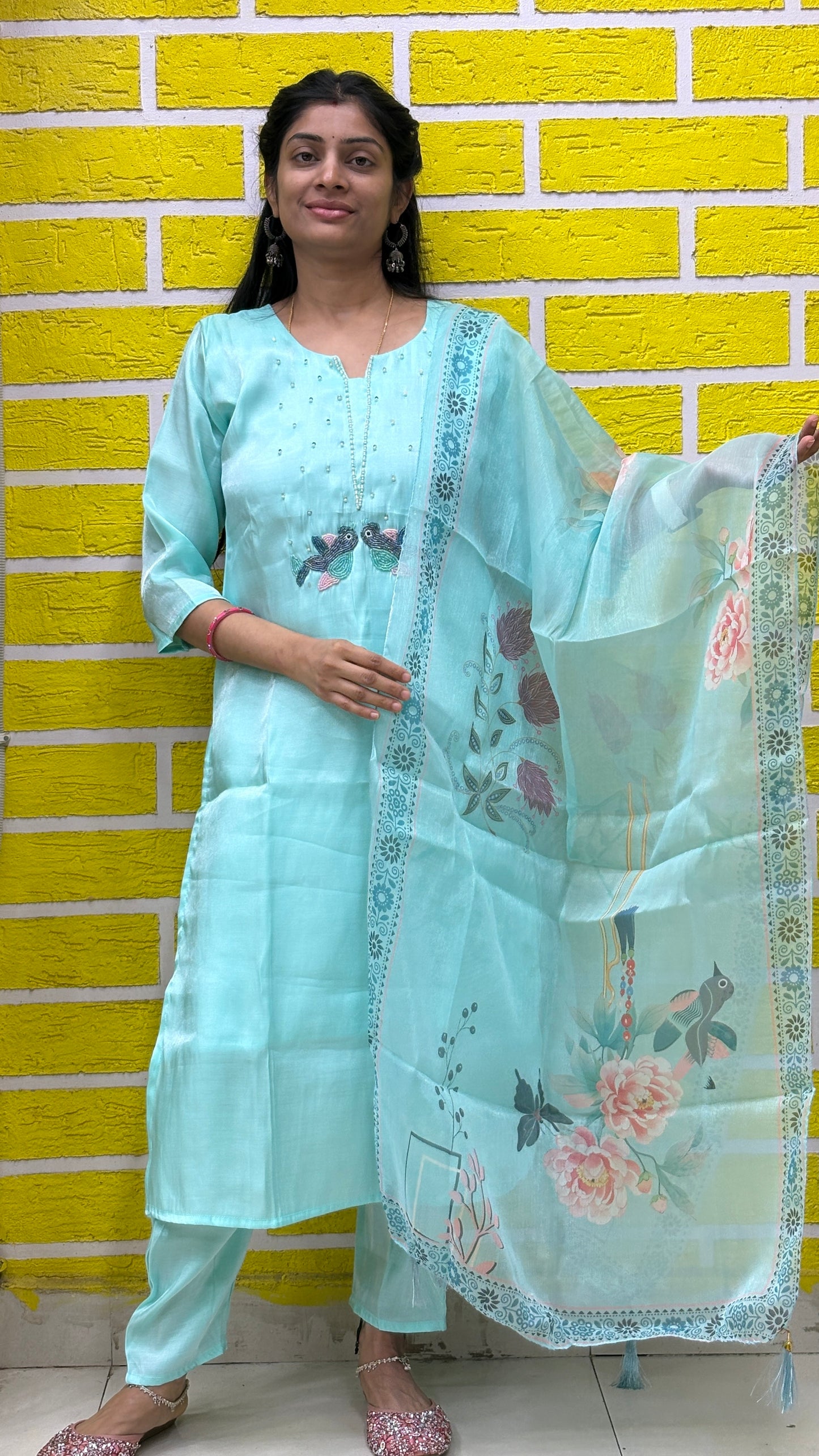 Pastel Aqua Glass Silk Kurti Set with Printed Dupatta Kurti Set AAKS0UZJ14
