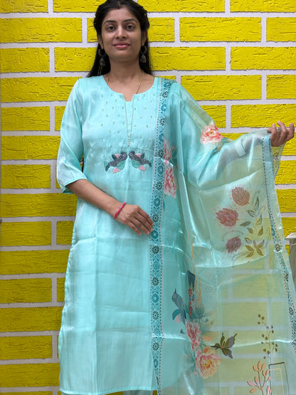 Pastel Aqua Glass Silk Kurti Set with Printed Dupatta Kurti Set AAKS0UZJ14