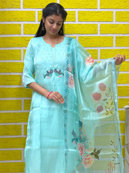 Pastel Aqua Glass Silk Kurti Set with Printed Dupatta Kurti Set AAKS0UZJ14