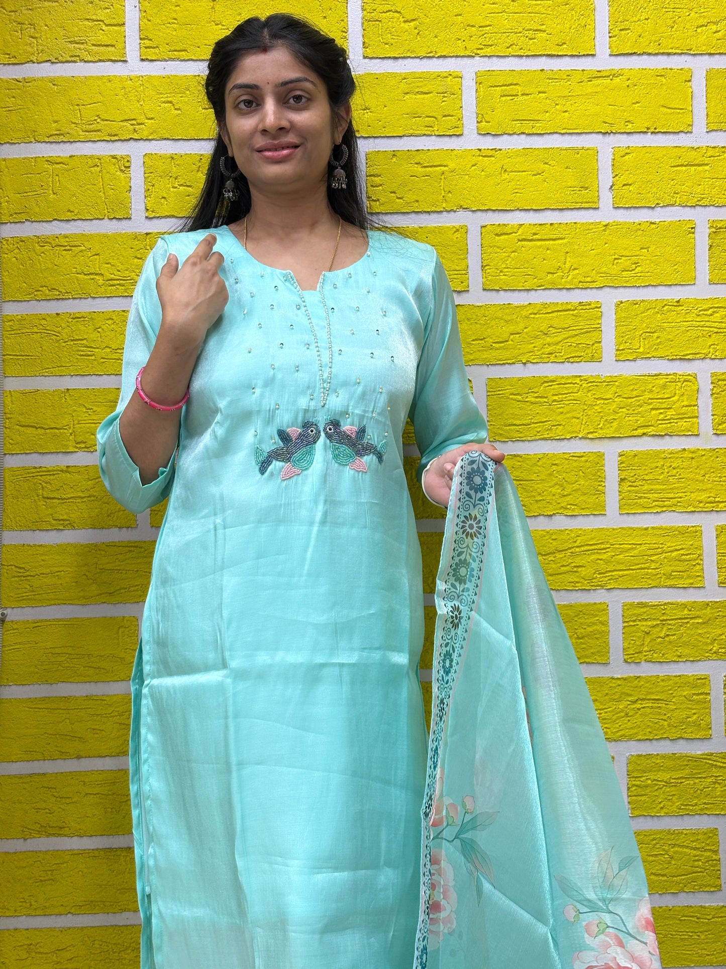 Pastel Aqua Glass Silk Kurti Set with Printed Dupatta Kurti Set AAKS0UZJ14