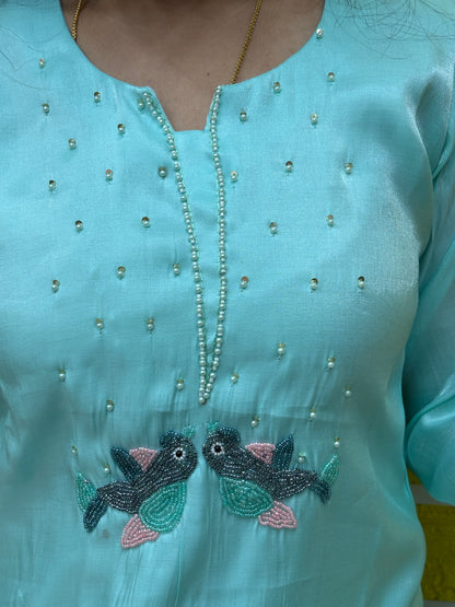 Pastel Aqua Glass Silk Kurti Set with Printed Dupatta Kurti Set AAKS0UZJ14