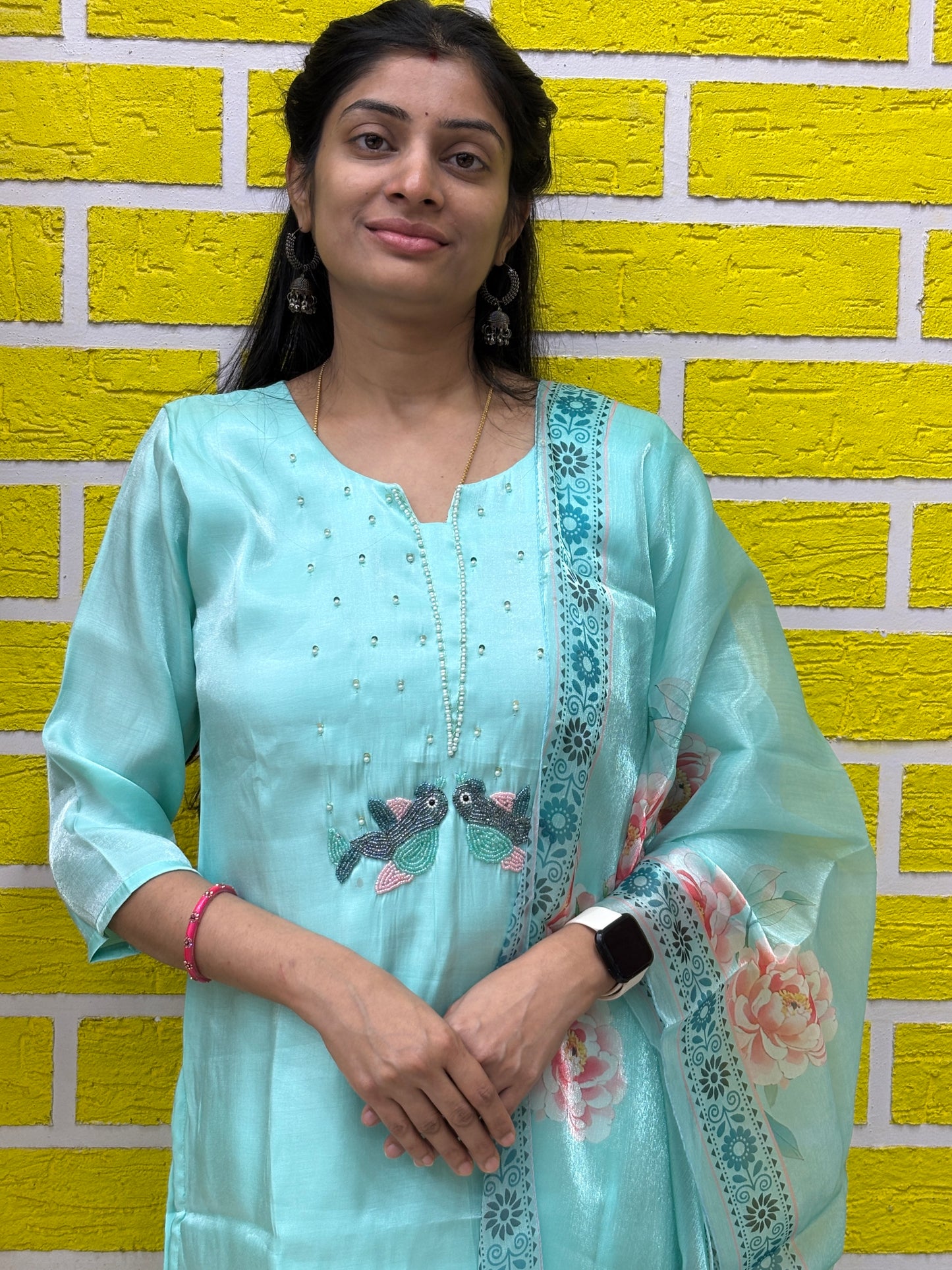 Pastel Aqua Glass Silk Kurti Set with Printed Dupatta Kurti Set AAKS0UZJ14