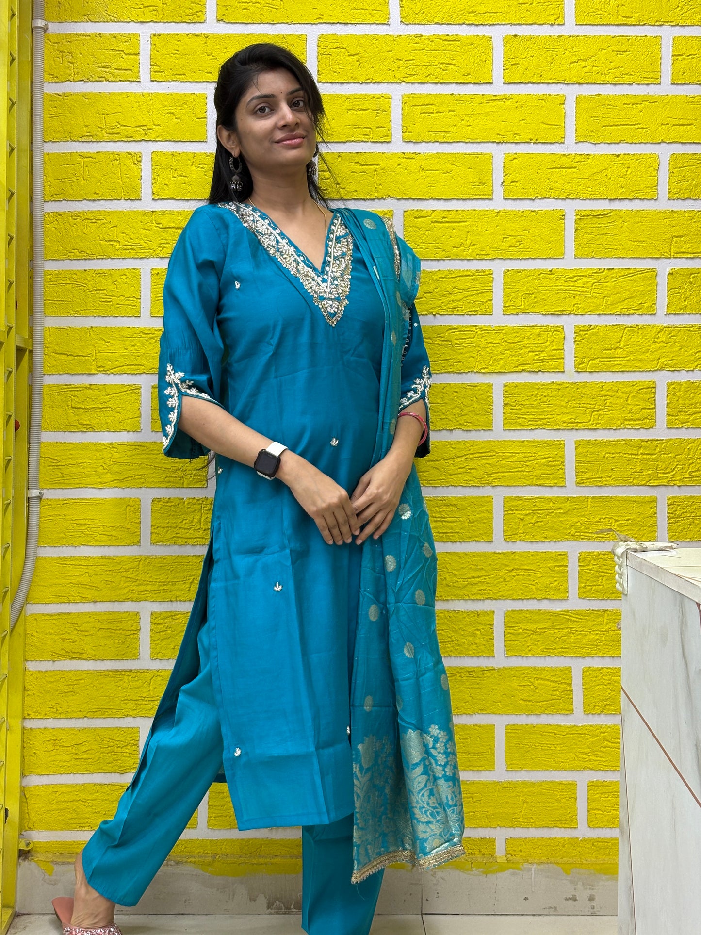 Teal Blue Roman Silk Embroidered Kurti Set with Dupatta Kurti Set AAKS0UZJ4