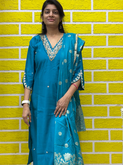 Teal Blue Roman Silk Embroidered Kurti Set with Dupatta Kurti Set AAKS0UZJ4