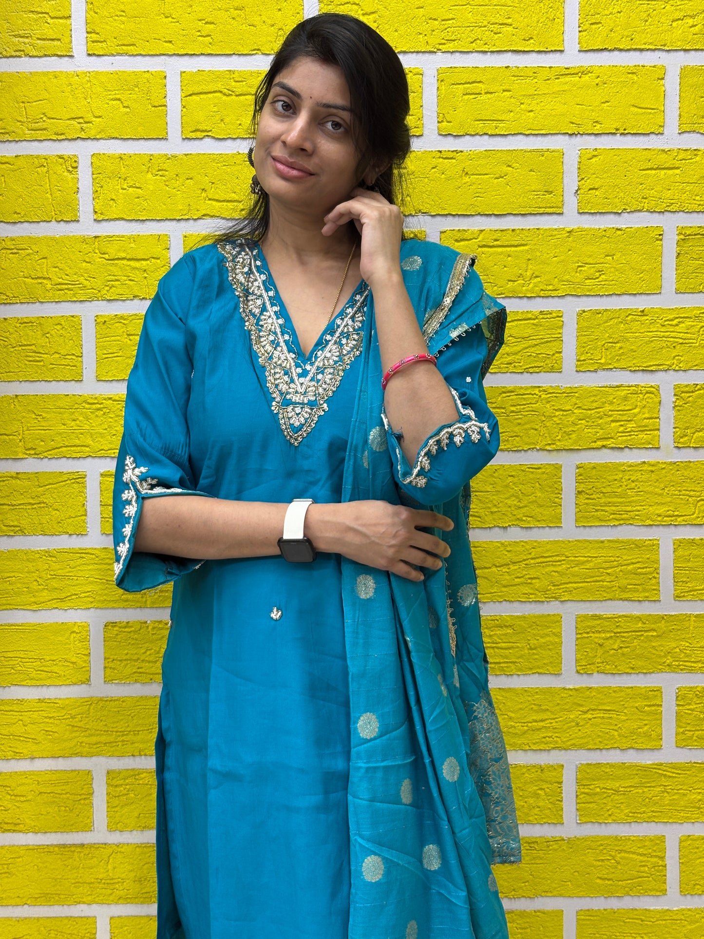 Teal Blue Roman Silk Embroidered Kurti Set with Dupatta Kurti Set AAKS0UZJ4