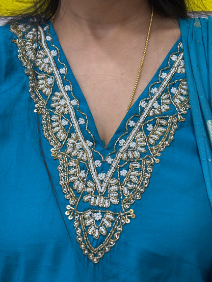 Teal Blue Roman Silk Embroidered Kurti Set with Dupatta Kurti Set AAKS0UZJ4