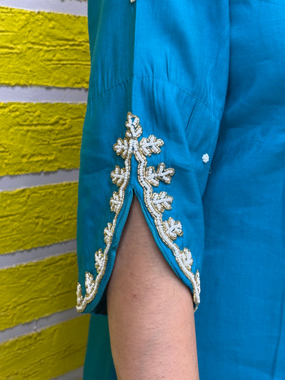 Teal Blue Roman Silk Embroidered Kurti Set with Dupatta Kurti Set AAKS0UZJ4