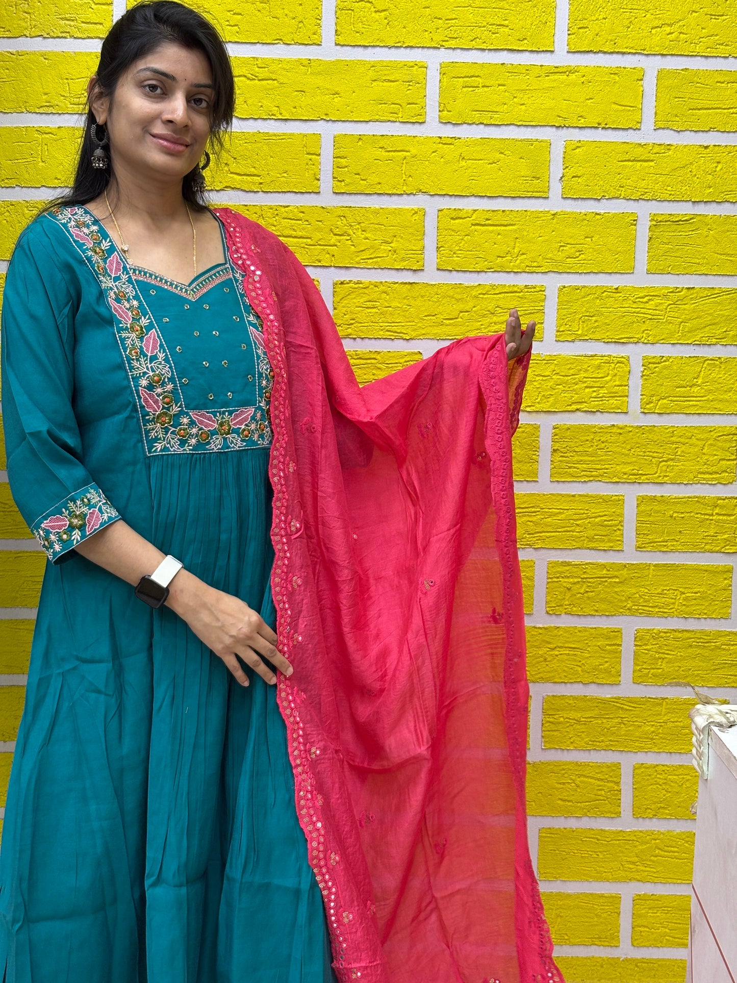 Teal Mul Chanderi Embroidered Kurti Set with Contrast Pink Dupatta Kurti Set AAKS0UZJ8