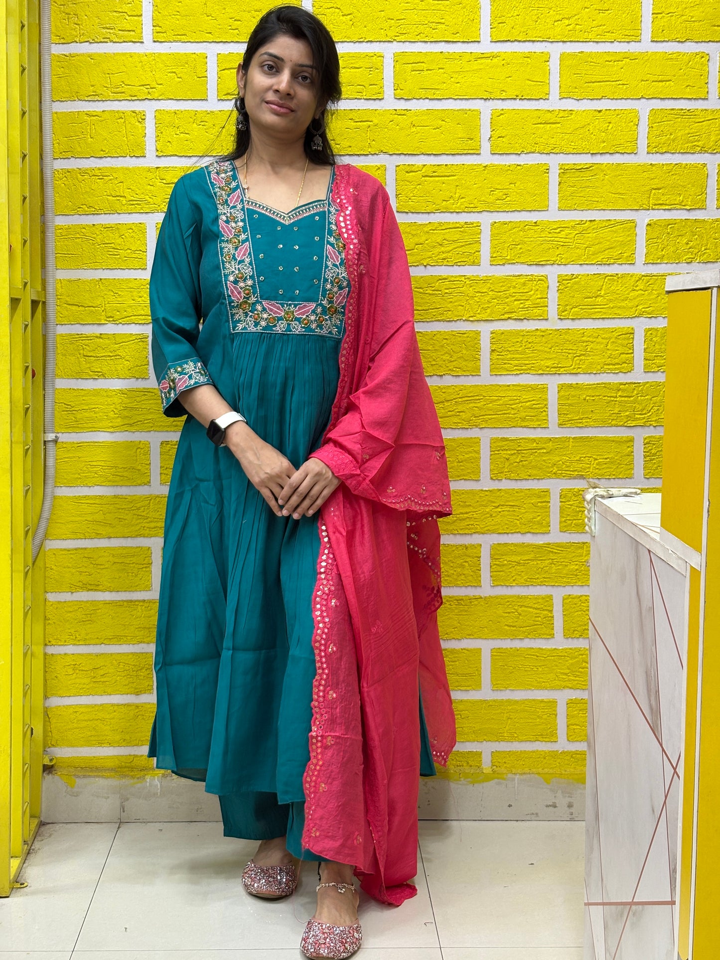 Teal Mul Chanderi Embroidered Kurti Set with Contrast Pink Dupatta Kurti Set AAKS0UZJ8