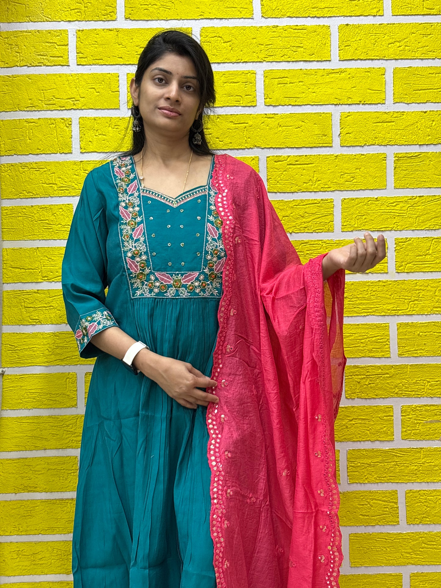 Teal Mul Chanderi Embroidered Kurti Set with Contrast Pink Dupatta Kurti Set AAKS0UZJ8