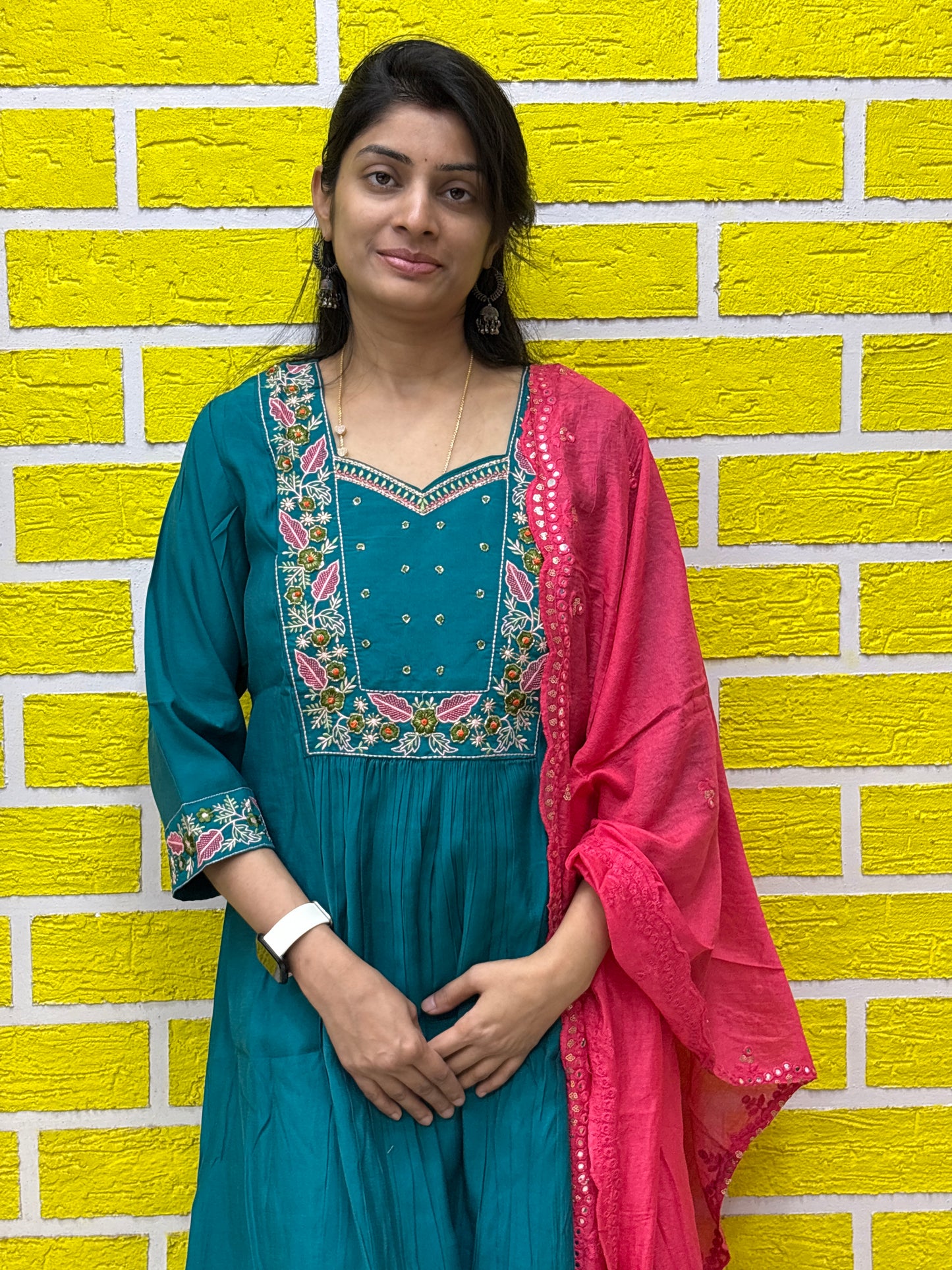 Teal Mul Chanderi Embroidered Kurti Set with Contrast Pink Dupatta Kurti Set AAKS0UZJ8