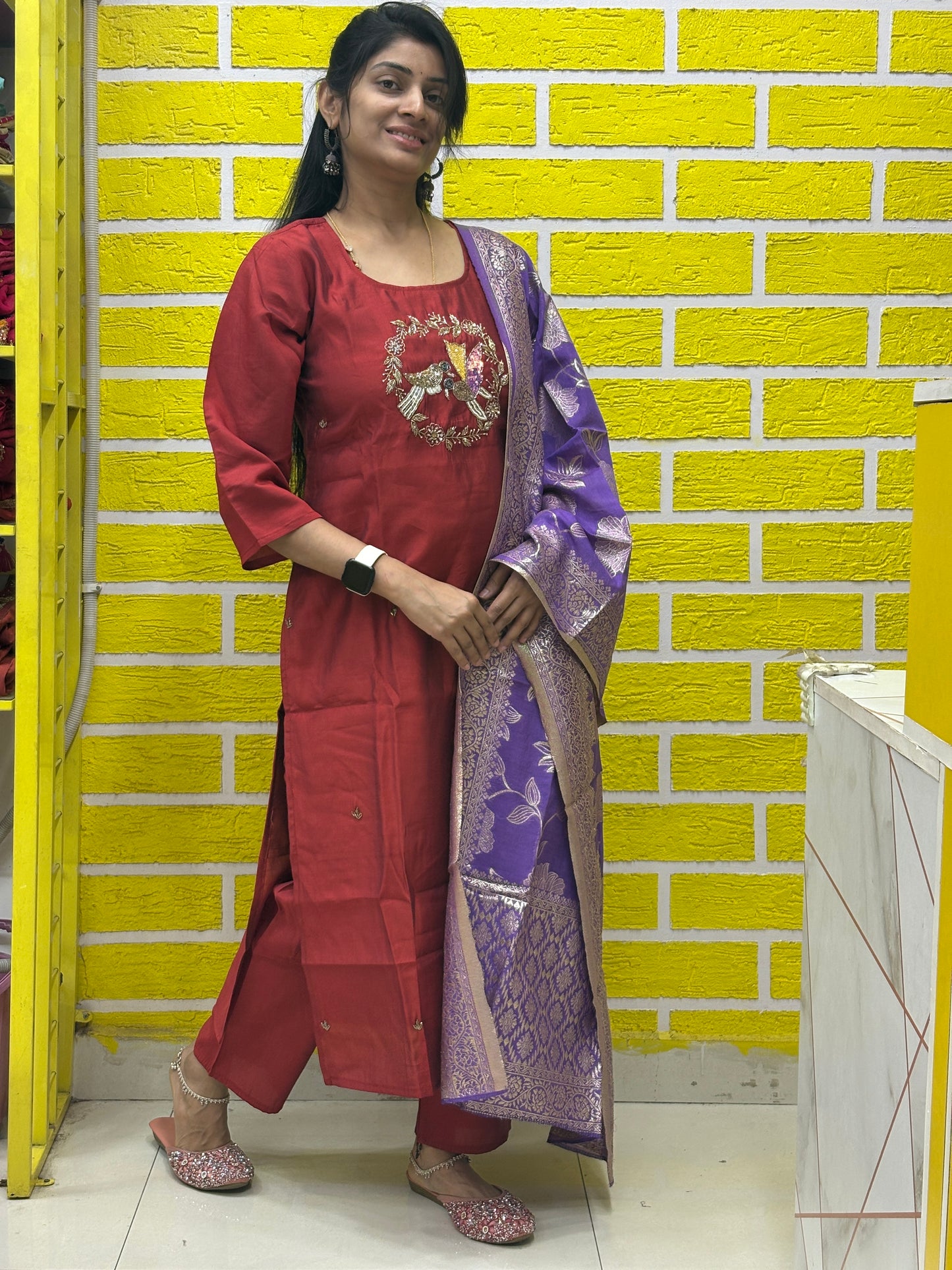 Maroon Mul Chanderi Embroidered Kurti Set with Purple Banarasi Dupatta Kurti Set AAKS0UZJ16