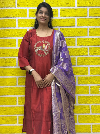 Maroon Mul Chanderi Embroidered Kurti Set with Purple Banarasi Dupatta Kurti Set AAKS0UZJ16