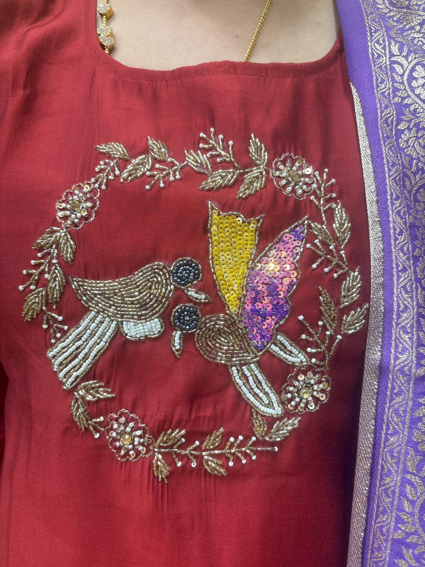 Maroon Mul Chanderi Embroidered Kurti Set with Purple Banarasi Dupatta Kurti Set AAKS0UZJ16