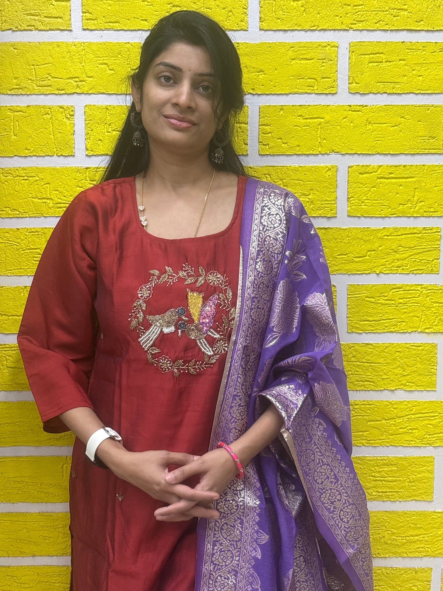 Maroon Mul Chanderi Embroidered Kurti Set with Purple Banarasi Dupatta Kurti Set AAKS0UZJ16