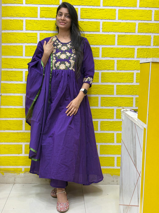 Deep Purple Mul Chanderi Embroidered Anarkali Kurti Set with Contrast Dupatta AAKS0VCC2
