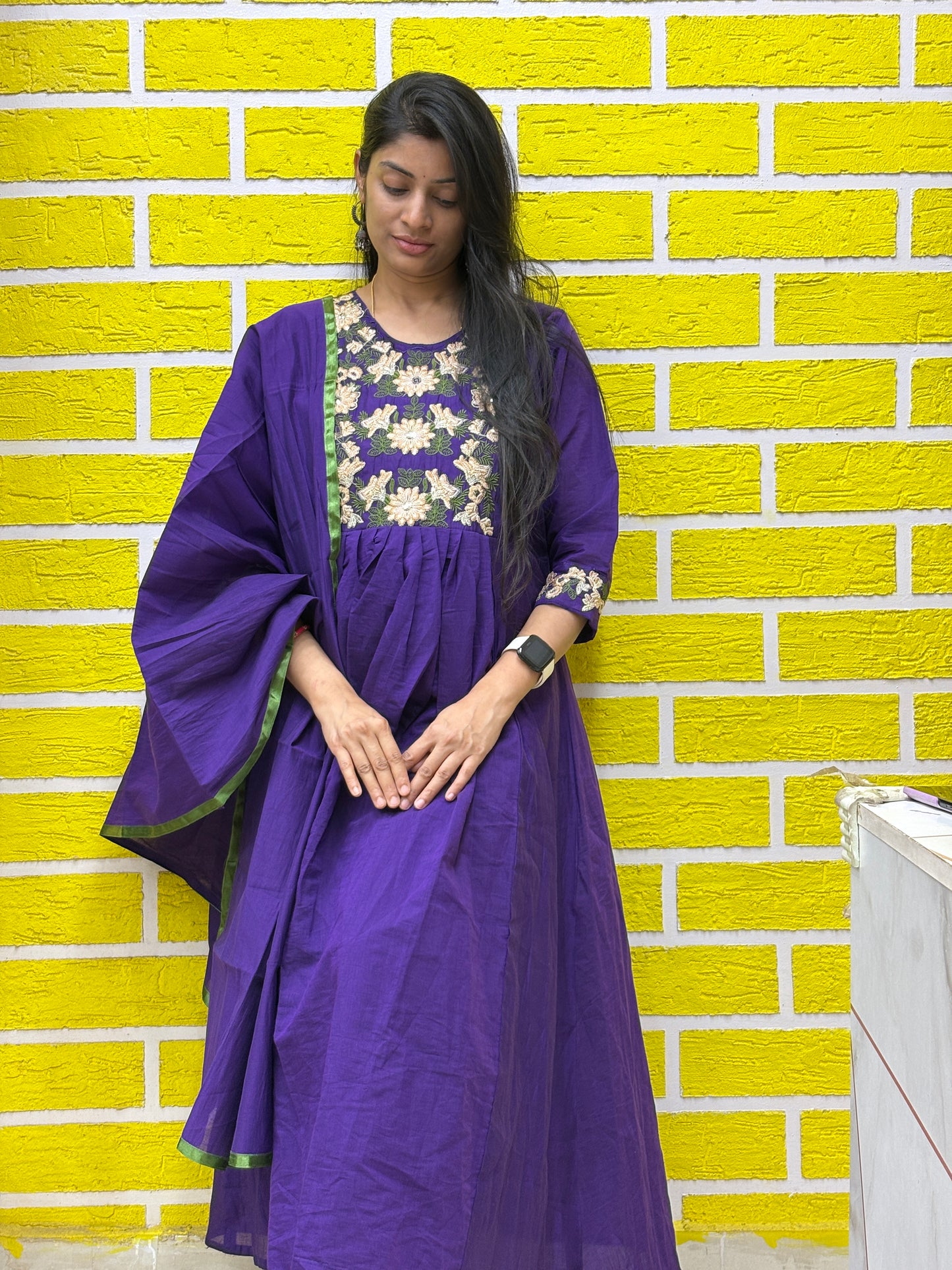 Deep Purple Mul Chanderi Embroidered Anarkali Kurti Set with Contrast Dupatta AAKS0VCC2