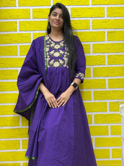 Deep Purple Mul Chanderi Embroidered Anarkali Kurti Set with Contrast Dupatta AAKS0VCC2