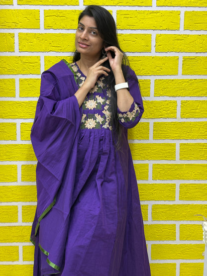 Deep Purple Mul Chanderi Embroidered Anarkali Kurti Set with Contrast Dupatta AAKS0VCC2