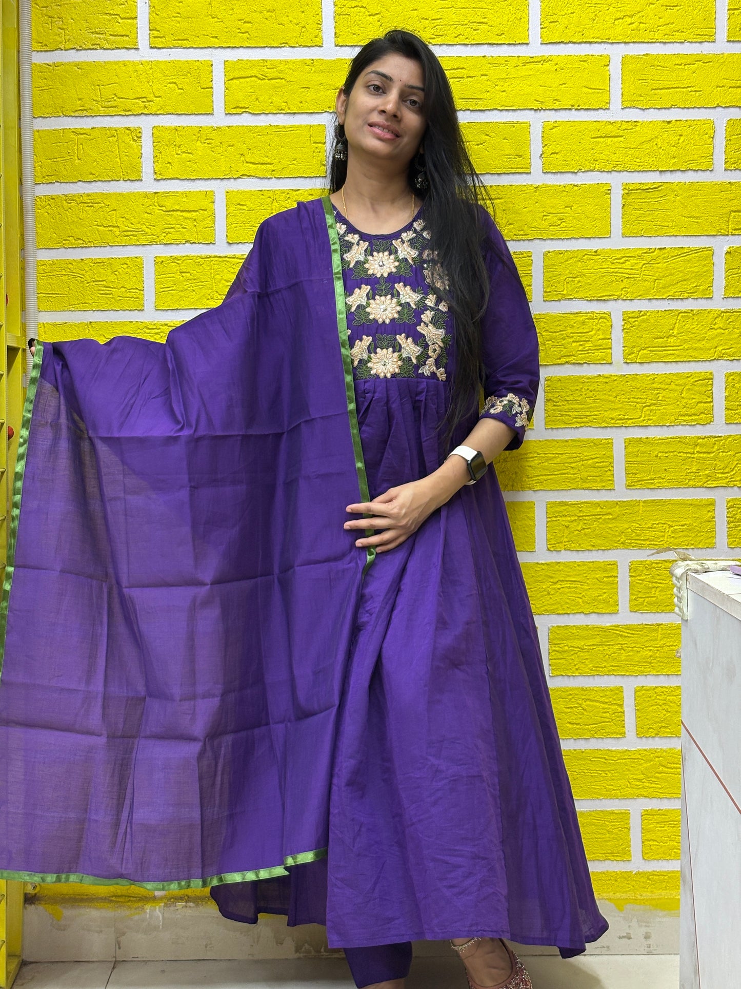 Deep Purple Mul Chanderi Embroidered Anarkali Kurti Set with Contrast Dupatta AAKS0VCC2