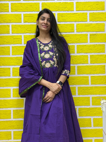 Deep Purple Mul Chanderi Embroidered Anarkali Kurti Set with Contrast Dupatta AAKS0VCC2