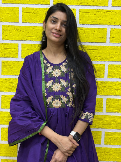 Deep Purple Mul Chanderi Embroidered Anarkali Kurti Set with Contrast Dupatta AAKS0VCC2