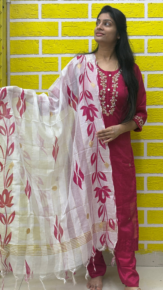 Pink Roman Silk Kurti Set with handwork and Brush Paint design on Duppatta AAKS0UZJ15