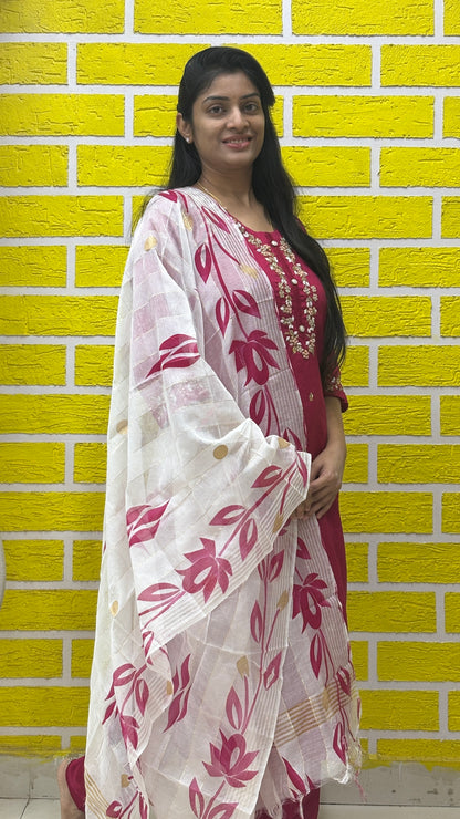 Pink Roman Silk Kurti Set with handwork and Brush Paint design on Duppatta AAKS0UZJ15