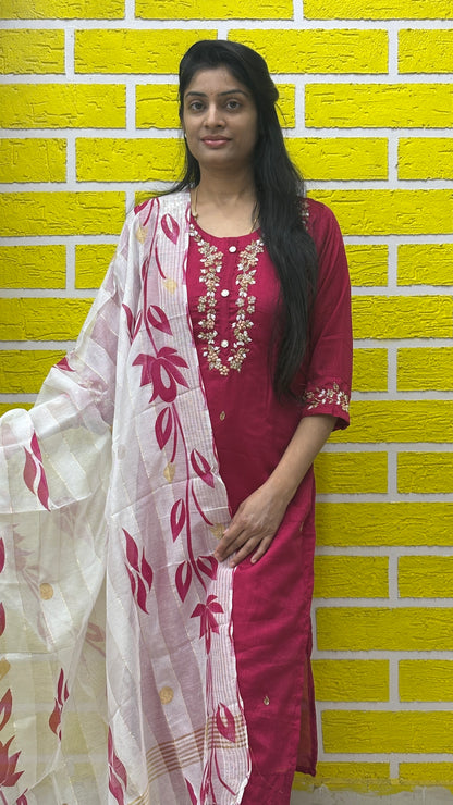 Pink Roman Silk Kurti Set with handwork and Brush Paint design on Duppatta AAKS0UZJ15