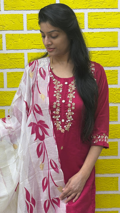 Pink Roman Silk Kurti Set with handwork and Brush Paint design on Duppatta AAKS0UZJ15
