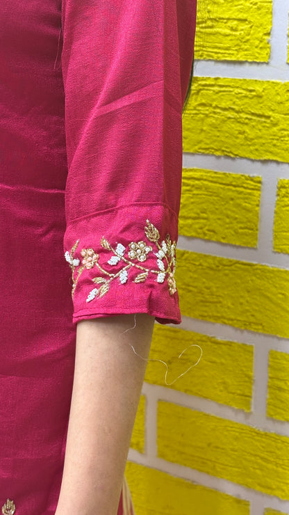 Pink Roman Silk Kurti Set with handwork and Brush Paint design on Duppatta AAKS0UZJ15