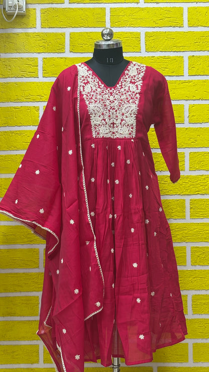 Mul Chanderi Premium plus size kurti set with Embroidery work Red AAKS0UZJ9