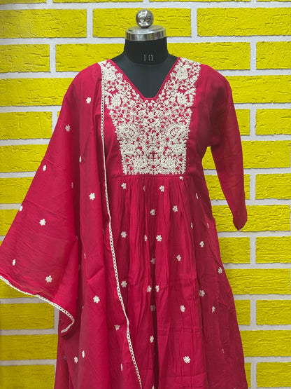 Mul Chanderi Premium plus size kurti set with Embroidery work Red AAKS0UZJ9