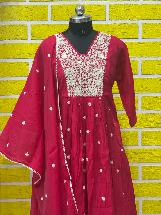 Mul Chanderi Premium plus size kurti set with Embroidery work Red AAKS0UZJ9
