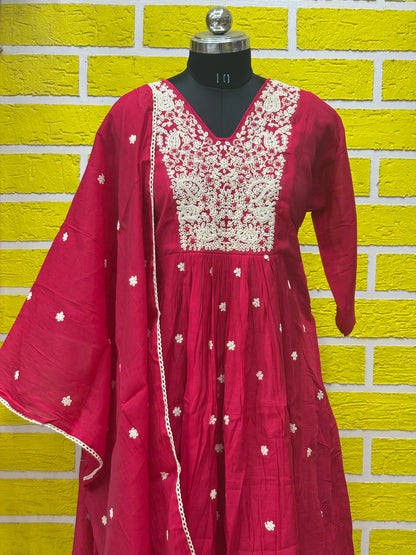 Mul Chanderi Premium plus size kurti set with Embroidery work Red AAKS0UZJ9