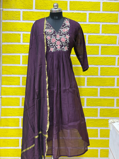 Mul Chanderi Frock Style Kurti Set plus size with Designer work AAKS0UZJ24