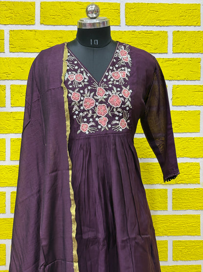 Mul Chanderi Frock Style Kurti Set plus size with Designer work AAKS0UZJ24