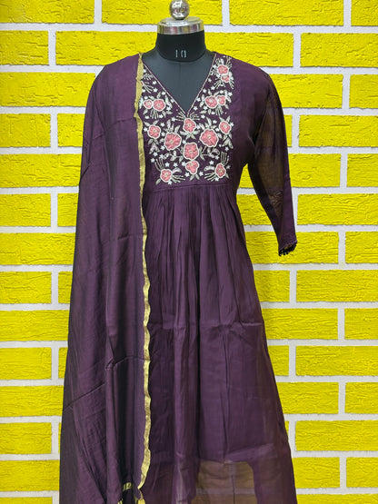 Mul Chanderi Frock Style Kurti Set plus size with Designer work AAKS0UZJ24