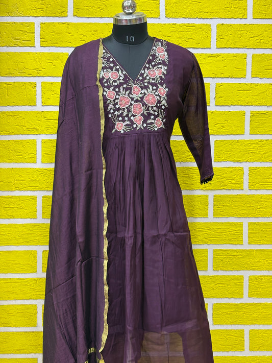 Mul Chanderi Frock Style Kurti Set plus size with Designer work AAKS0UZJ24