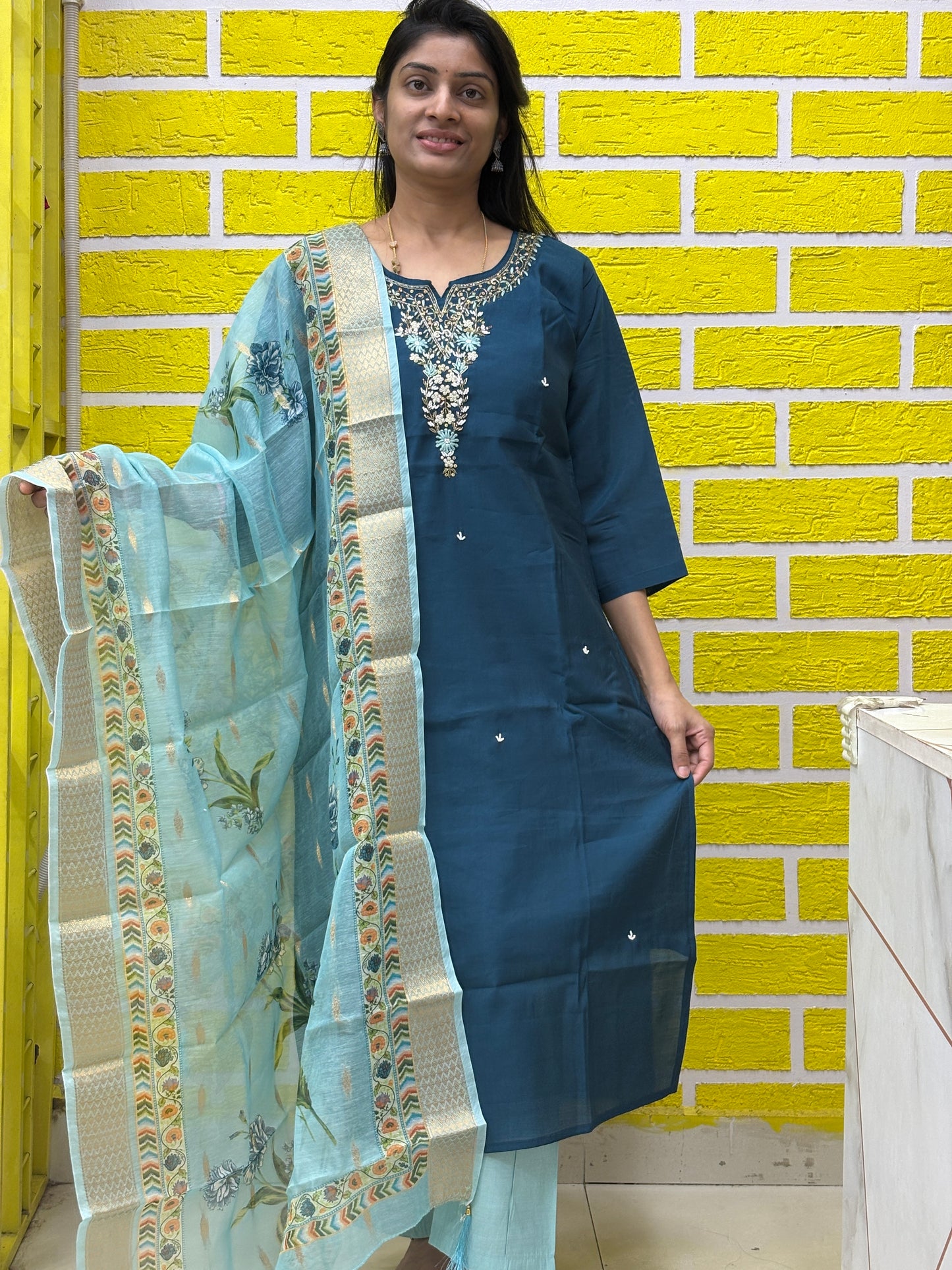 Deep Blue Roman Silk with handwork design Kurti Set AAKS0UZJ5