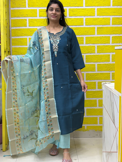 Deep Blue Roman Silk with handwork design Kurti Set AAKS0UZJ5