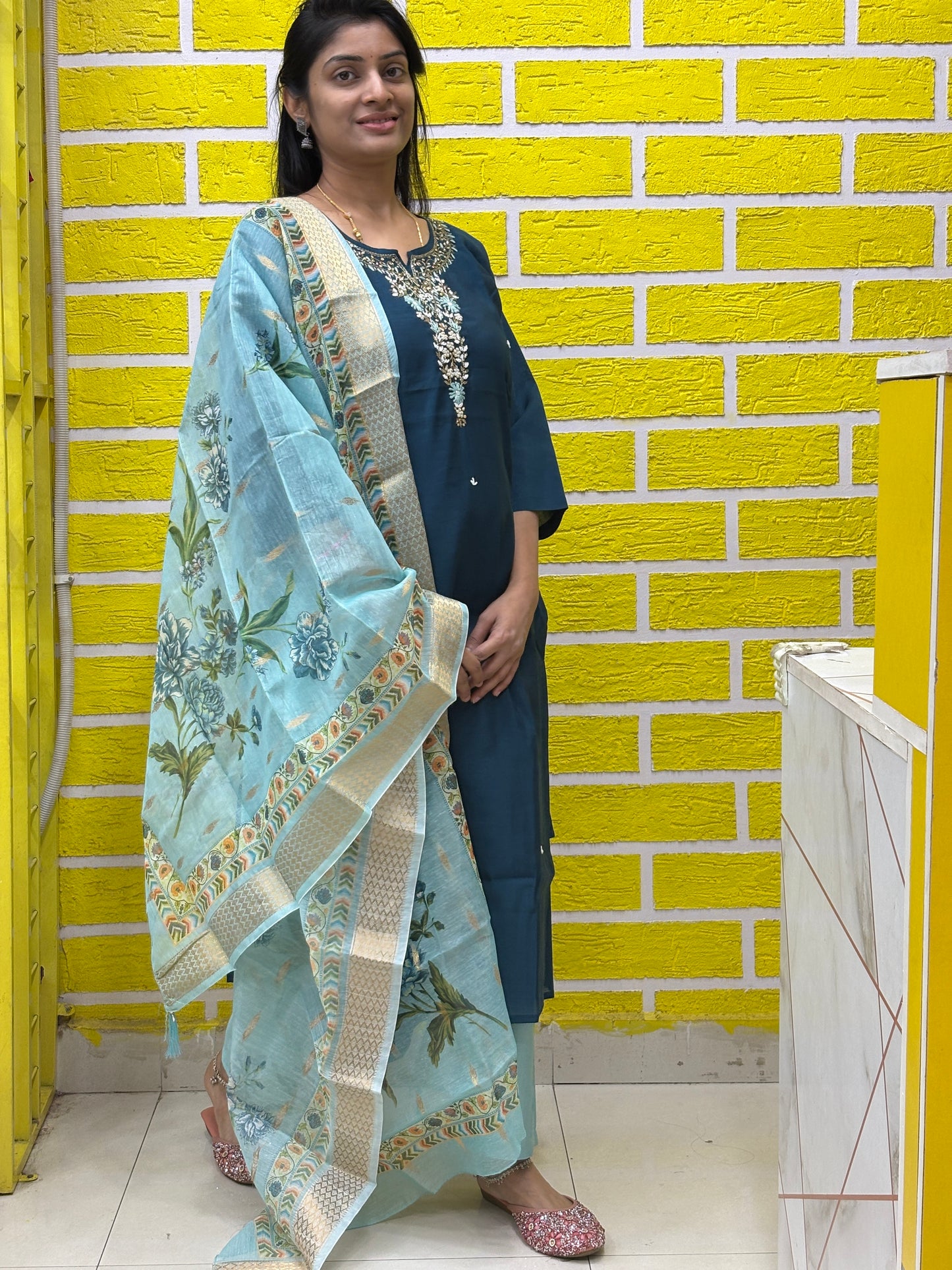 Deep Blue Roman Silk with handwork design Kurti Set AAKS0UZJ5