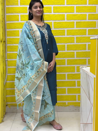 Deep Blue Roman Silk with handwork design Kurti Set AAKS0UZJ5